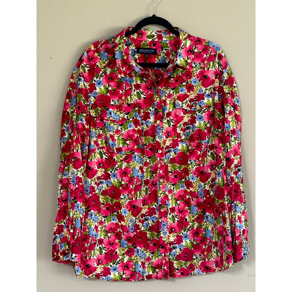 Jones New York Signature Woman Floral Cotton Button Down Shirt 3X Pink Blue